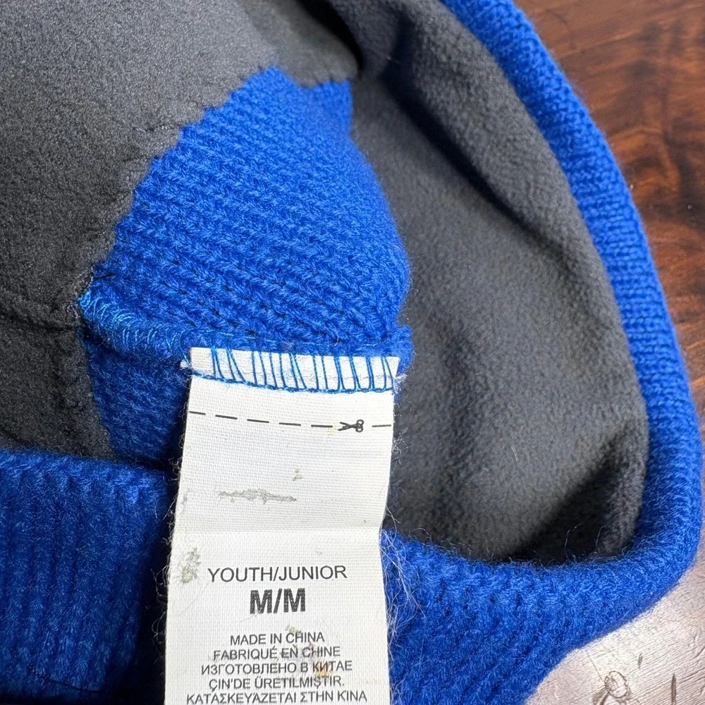 The‎ North Face Beanie Youth M Blue Red Logo Fleece Lined Knit Winter Hat Warm